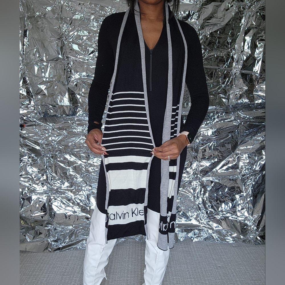 Calvin Klein Striped Knit Scarf — Black, Gray & White - Picture 6 of 10
